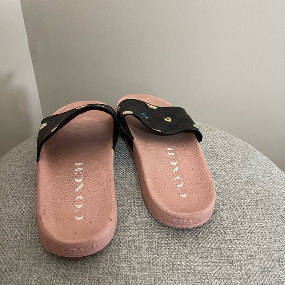 Coach Black Floral Pattern Slides with Pink Soles - Picture 3 of 3